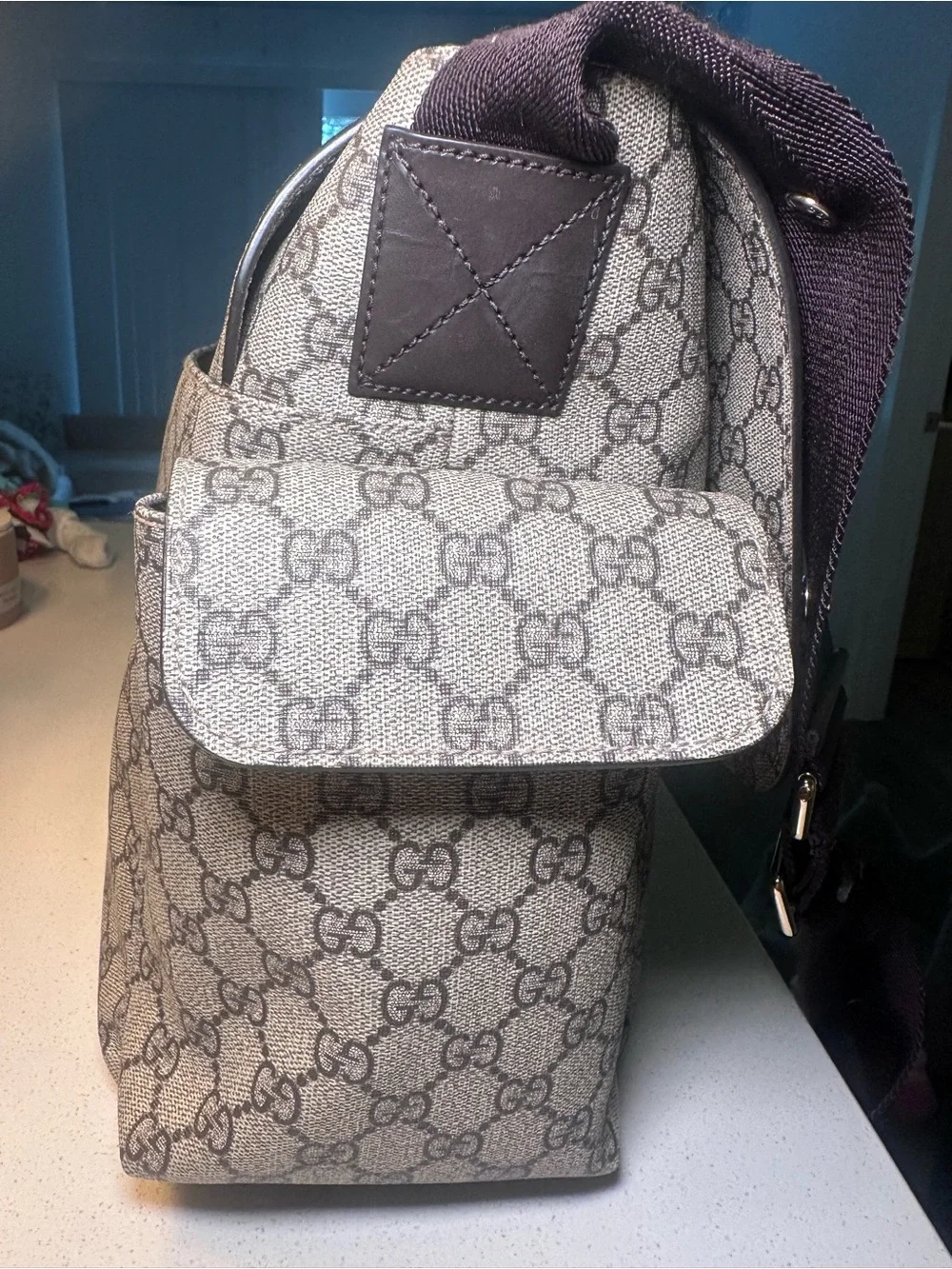 Gucci Beige Monogram Messenger Bag with Brown Strap